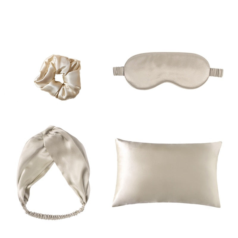 Noctura Silk Sleep Set — pillowcase, eye mask, scrunchie and headband in champagne silk
