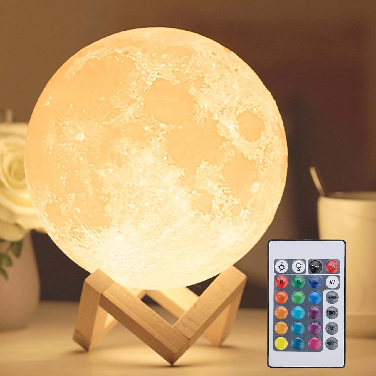 Noctura Moon Lamp glowing warm on a wooden stand on a nightstand